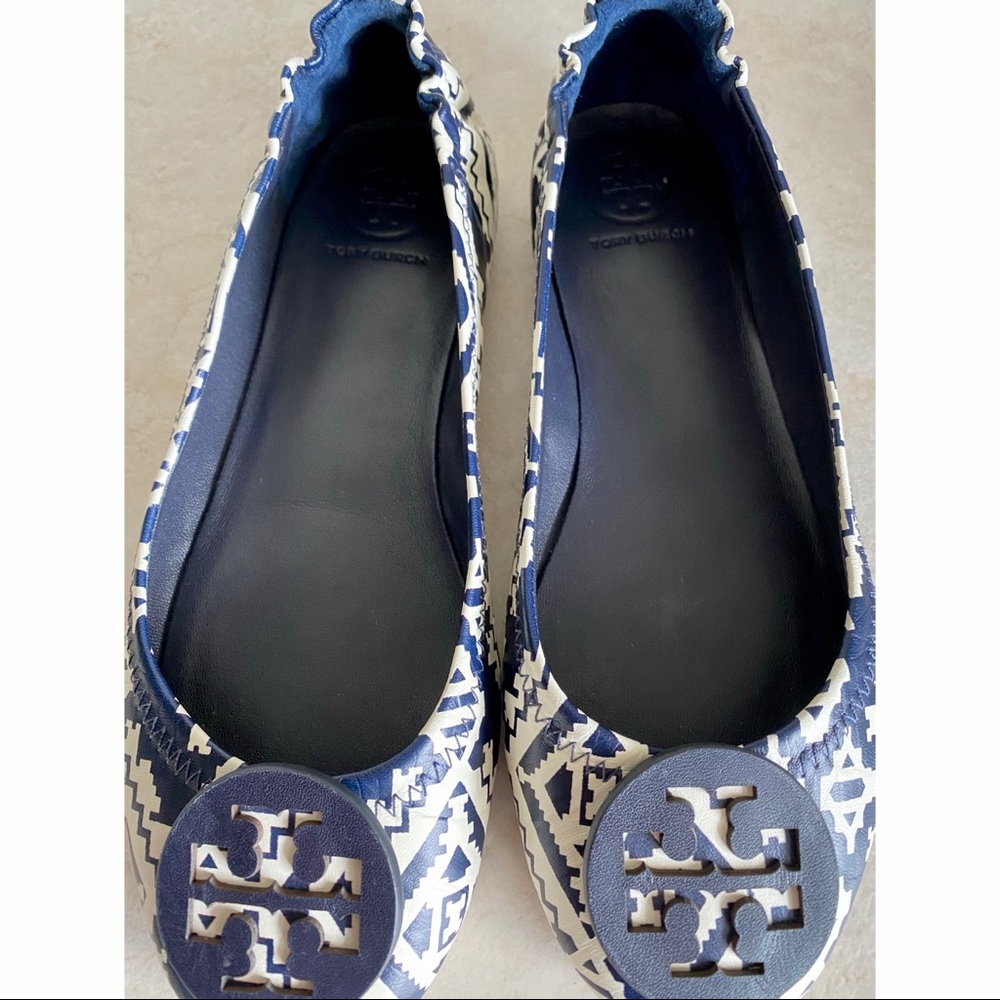 Tory Burch rare leather navy blue slip ons